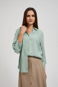 Lniana koszula oliwkowa. Zielone koszule MOODO, xl, bez wzorów, bez kołnierzyka, bez ramiączek. W wyprzedaży za 69,99 zł.