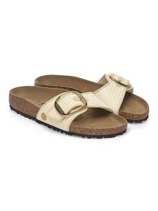 Birkenstock Klapki "Madrid" w kolorze beżowym rozmiar: 35. Brązowe klapki Birkenstock, bez wzorów, z otwartym noskiem, bez obcasa. Za 461,21 zł.