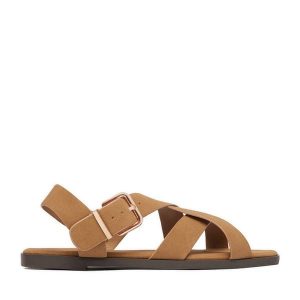 Sandały JENNY. Brązowe sandały Jenny, bez wzorów, bez obcasa, na płaskiej podeszwie, bez zapięcia. Za 99,99 zł.