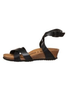 Papillio Skórzane sandały "Lola" w kolorze czarnym na koturnie rozmiar: 39. Czarne sandały Papillio, bez wzorów, z otwartym noskiem, bez obcasa, na koturnie, bez zapięcia. Za 239,86 zł.