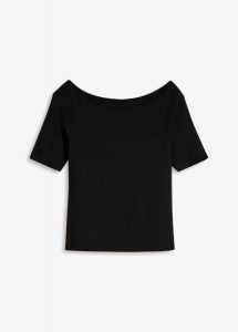 T-shirt z dekoltem carmen z mieszanki wiskozy. Czarne t-shirty bonprix, bez wzorów, z wiskozy, bez kołnierzyka, bez ramiączek. Za 54,99 zł.