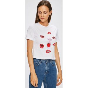 Trendyol - Top. Szare t-shirty marki Trendyol, z nadrukiem, z bawełny, z okrągłym kołnierzem, z krótkim rękawem. W wyprzedaży za 39,90 zł.