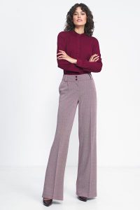 Spodnie Wide Leg w Jodełkę - Bordowe. Czerwone spodnie z wysokim stanem Nife, bez wzorów, z materiału, z podwyższonym stanem. Za 295,90 zł.