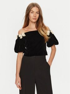 Eleh Bluzka E00201 Czarny Regular Fit. Czarne bluzki Eleh, s, bez wzorów, z syntetyku, bez kołnierzyka, bez ramiączek. Za 199,99 zł.