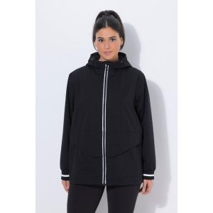 Damskie Kurtka funkcyjna wodoodporna odblaskowy nadruk kaptur. Czarne kurtki Ulla Popken, plus size, bez wzorów, z materiału, bez kaptura. Za 599,99 zł.