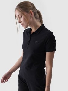 4F Koszulka polo slim damska - czarna XS. Czarne bluzki 4f, xs, bez wzorów, z bawełny, klasyczne, bez kołnierzyka, bez ramiączek. Za 89,99 zł.