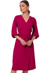 Sukienka elegancka kopertowa z bufiastymi rękawami śliwka. Sukienki Sukienki.shop, do pracy, l, bez wzorów, biznesowe, bez kołnierzyka, bez ramiączek, kopertowe. W wyprzedaży za 244,00 zł.