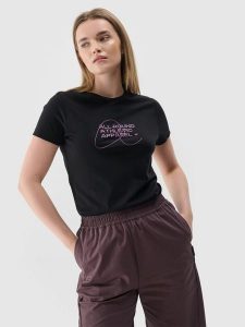 4F T-shirt slim z nadrukiem damski - czarny M. Czarne t-shirty 4f, m, bez wzorów, z bawełny, bez kołnierzyka, bez ramiączek. W wyprzedaży za 29,99 zł.