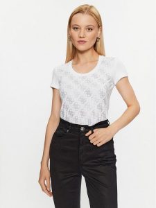 Guess T-Shirt W3BI53 J1314 Biały Slim Fit. Białe t-shirty Guess, xs, z aplikacjami, z bawełny, bez kołnierzyka, bez ramiączek. Za 139,99 zł.