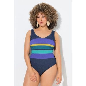 Damskie Strój kąpielowy paski bez miękkich miseczek okrągły dekolt. Niebieskie stroje jednoczęściowe Ulla Popken, bez wzorów, z bawełny. Za 239,99 zł.