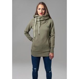 Bluza damska z kapturem Urban Classic long logopatch. Zielone bluzy Urban Classics, bez wzorów, z kapturem. Za 243,50 zł.