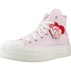Buty CONVERSE CHUCK TAYLOR ALL STAR LIFT PLATFORM VALENTINE´S DAY Rose. Czerwone trampki Converse, bez wzorów, z tkaniny, bez zapięcia. Za 390,99 zł.