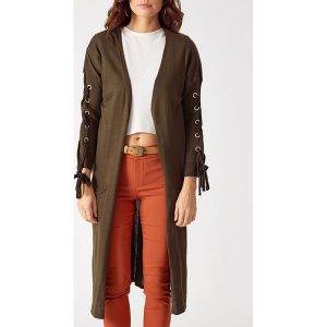 Kardigan w kolorze khaki. Brązowe kardigany marki Robin. W wyprzedaży za 109,95 zł.