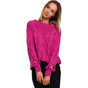 Sweter z Rozcięciem na Rękawach - Fuksja. Czerwone swetry klasyczne MOE, l, z materiału, bez kołnierzyka. Za 219,90 zł.