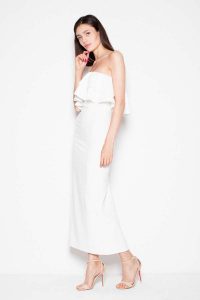 Ecru Sukienka Długa Elegancka z Falbankami. Czarne sukienki Venaton, l, bez wzorów, z elastanu, eleganckie, bez kołnierzyka, bez ramiączek, maxi. Za 299,00 zł.