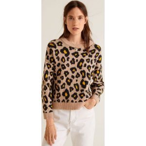 Mango - Sweter Leopold. Brązowe swetry klasyczne marki Mango, z dzianiny, z okrągłym kołnierzem. W wyprzedaży za 49,90 zł.