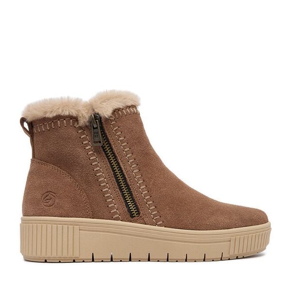 Botki Remonte. Brązowe botki Remonte, bez wzorów, bez obcasa, na płaskiej podeszwie, bez zapięcia. Za 329,99 zł.