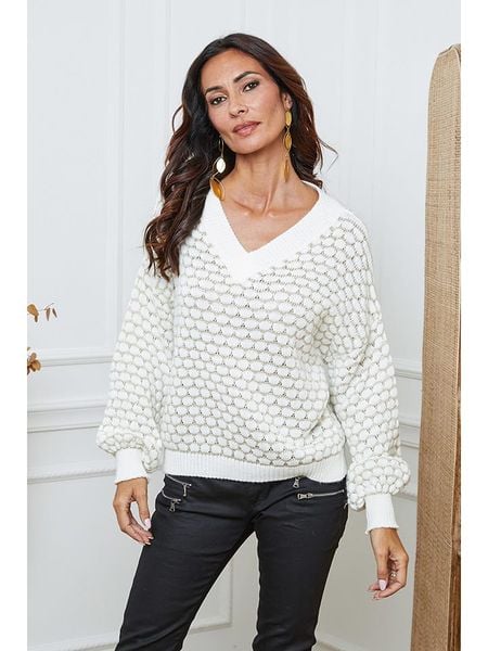 So Cachemire Sweter "Azul" w kolorze biało-beżowym rozmiar: L. Białe swetry oversize So Cachemire, l, bez wzorów, ze splotem, bez ramiączek. Za 182,72 zł.