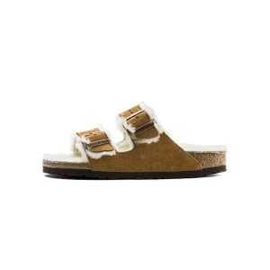 Klapki Birkenstock Arizona VL Shearling Mink wąskie narrow (1001135). Brązowe klapki Birkenstock, bez wzorów, z materiału, bez obcasa. Za 489,00 zł.