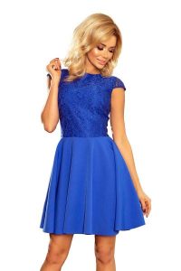 Sukienka Elegancka Rozkloszowana z Koronką - Chabrowa. Niebieskie sukienki NUMOCO, l, bez wzorów, z koronki, eleganckie, bez kołnierzyka, bez ramiączek, rozkloszowane. Za 260,90 zł.