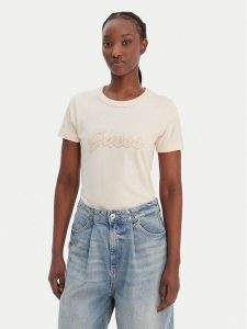 Guess T-Shirt W6GI08 K3023 Pomarańczowy Regular Fit. Brązowe t-shirty Guess, s, z aplikacjami, z bawełny, bez kołnierzyka, bez ramiączek. Za 229,99 zł.