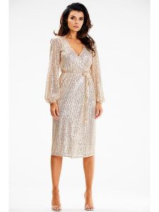 Awama Sukienka w kolorze złotym rozmiar: XL. Żółte sukienki Awama, xl, bez wzorów, z tkaniny, bez kołnierzyka, bez ramiączek, midi. Za 194,61 zł.