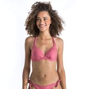 Góra kostiumu kąpielowego surfingowego damska Olaian Elena. Czerwone bikini OLAIAN, bez wzorów, z elastanu. W wyprzedaży za 59,99 zł.