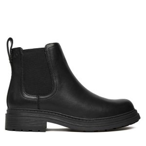 Sztyblety Clarks. Czarne botki Clarks, bez wzorów, bez obcasa, na płaskiej podeszwie, bez zapięcia. Za 479,99 zł.