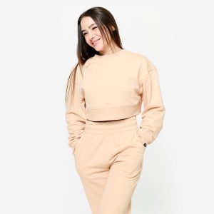 Bluza do treningu siłowego damska Domyos crop. Brązowe bluzy DOMYOS, s, bez wzorów, z bawełny, bez kaptura. Za 129,99 zł.