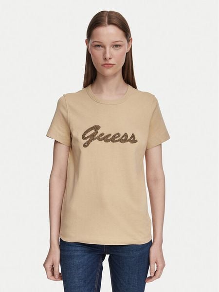 Guess T-Shirt W6YI29 K4348 Beżowy Regular Fit. Brązowe t-shirty Guess, l, z aplikacjami, z bawełny, bez kołnierzyka, bez ramiączek. Za 174,99 zł.