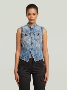 G-Star Kamizelka dżinsowa w kolorze niebieskim rozmiar: XS. Niebieskie kamizelki G-Star, xs, bez wzorów, bez kołnierzyka, bez ramiączek, bez kaptura. Za 344,95 zł.