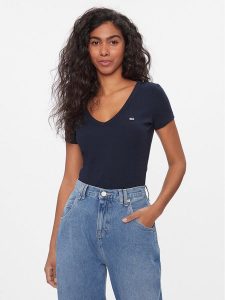 Tommy Jeans T-Shirt Tjw Slim Essential Rib V Ss DW0DW17385 Granatowy Slim Fit. Niebieskie t-shirty Tommy Jeans, xxs, bez wzorów, z bawełny, bez kołnierzyka, bez ramiączek. Za 109,99 zł.