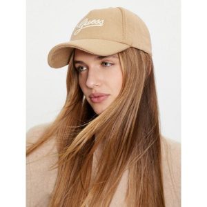 Czapka z daszkiem Guess. Brązowe czapki Guess, z aplikacjami. Za 129,99 zł.