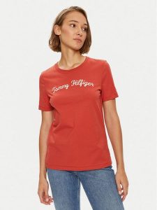 Tommy Hilfiger T-Shirt Script WW0WW42589 Czerwony Regular Fit. Czerwone t-shirty TOMMY HILFIGER, xl, bez wzorów, z bawełny, bez kołnierzyka, bez ramiączek. Za 139,99 zł.