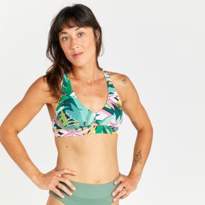 Góra kostiumu kąpielowego surfingowego damska Olaian Agatha Tropical. Zielone bikini OLAIAN, bez wzorów, z elastanu. W wyprzedaży za 39,99 zł.
