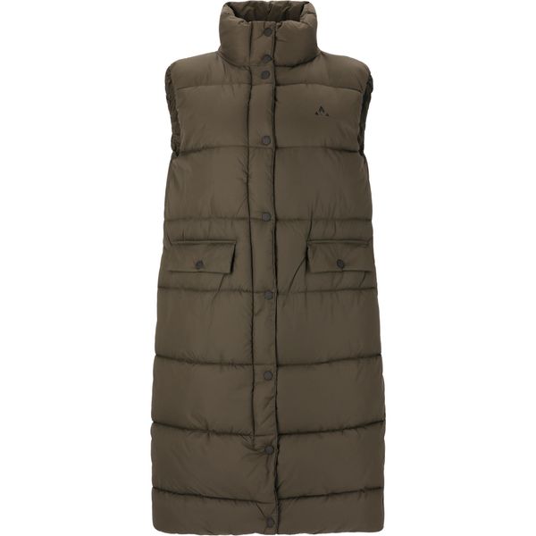 Długa kamizelka puchowa damska Whistler Amaretto. Czarne kamizelki WHISTLER, bez wzorów, z puchu, bez kołnierzyka, bez ramiączek, bez kaptura. Za 297,50 zł.