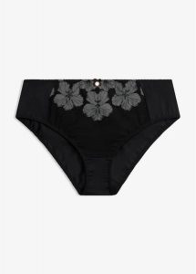 Figi maxi z eleganckim haftem. Czarne figi bonprix, bez wzorów. Za 39,99 zł.