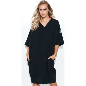 Oversizowa Sukienka w Serek z Dzianiny Dresowej - Czarna. Czarne sukienki Makadamia, l, bez wzorów, z bawełny, bez kołnierzyka, bez ramiączek. Za 249,90 zł.