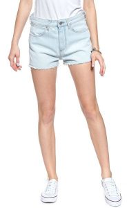 DAMSKIE SPODENKI WRANGLER THE SHORT ICY BLUE W27XVA243 112128210. Niebieskie szorty Wrangler, bez wzorów, z jeansu. Za 129,99 zł.