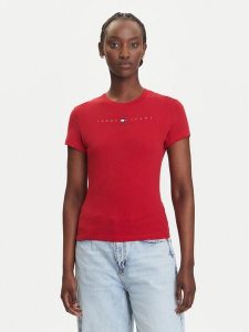 Tommy Jeans T-Shirt Linear DW0DW21422 Czerwony Slim Fit. Czerwone t-shirty Tommy Jeans, xxs, bez wzorów, z bawełny, bez kołnierzyka, bez ramiączek. Za 99,99 zł.