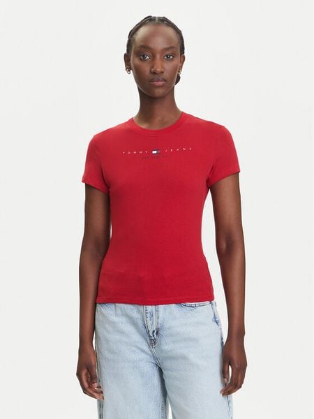 Tommy Jeans T-Shirt Linear DW0DW21422 Czerwony Slim Fit. Czerwone t-shirty Tommy Jeans, xxs, bez wzorów, z bawełny, bez kołnierzyka, bez ramiączek. Za 89,99 zł.