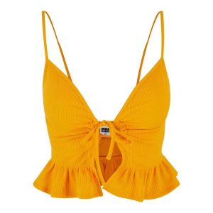 Top Damski / Damski Z Falbaną Waflową Pique. Brązowe topy Urban Classics, xl, bez wzorów, casualowe, bez kołnierzyka, bez ramiączek. Za 68,99 zł.