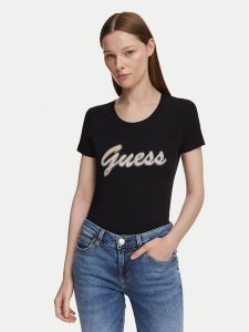Guess T-Shirt W6YI56 K5028 Czarny Slim Fit. Czarne t-shirty Guess, xs, z aplikacjami, z bawełny, bez kołnierzyka, bez ramiączek. Za 194,99 zł.