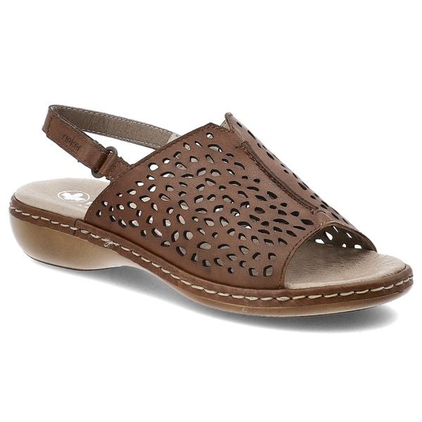 Sandały damskie Rieker, na płaskim obcasie skórzane licowe na rzepy ażurowe, brązowe, 65985-25. Brązowe sandały Rieker, w ażurowe wzory, ze skóry, bez obcasa, na płaskiej podeszwie, bez zapięcia. Za 296,90 zł.