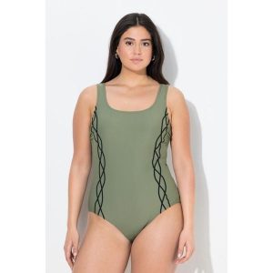 Damskie Strój kąpielowy lamówka bez miękkich miseczek okrągły dekolt. Zielone stroje jednoczęściowe Ulla Popken, bez wzorów, z elastanu. Za 139,99 zł.