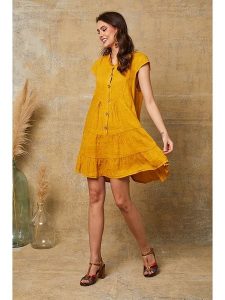 Fleur de Lin Lniana sukienka "Deka" w kolorze musztardowym rozmiar: XL. Żółte sukienki Fleur de Lin, xl, bez wzorów, ze lnu, bez kołnierzyka, bez ramiączek, mini. Za 154,07 zł.