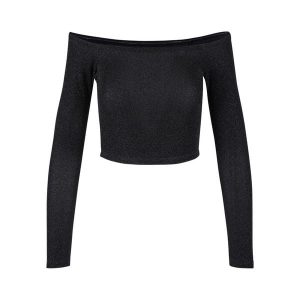 Cekinowy sweter damski z długim rękawem i odkrytymi ramionami Urban Classics. Czarne swetry klasyczne Urban Classics, na zimę, z materiału, bez kołnierzyka. Za 152,50 zł.