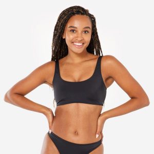 Góra kostiumu kąpielowego surfingowego damska Olaian Aurely. Czarne bikini OLAIAN, bez wzorów, z elastanu. Za 59,99 zł.