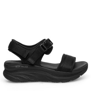Sandały Skechers. Czarne sandały Skechers, bez wzorów, bez obcasa, na płaskiej podeszwie, bez zapięcia. Za 289,99 zł.