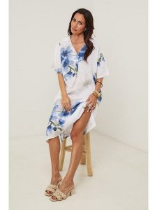 Le Monde du Lin Lniana sukienka w kolorze biało-niebieskim rozmiar: 38/40. Białe sukienki Le Monde du Lin, bez wzorów, ze lnu, bez kołnierzyka, bez ramiączek, midi. Za 165,99 zł.